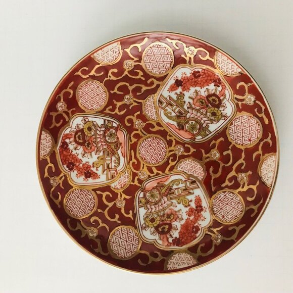 Authentic Gold Imari Japan Porcelain Plate Hand Painted Rickshaw 7.25" Red Gold - Picture 5 of 7
